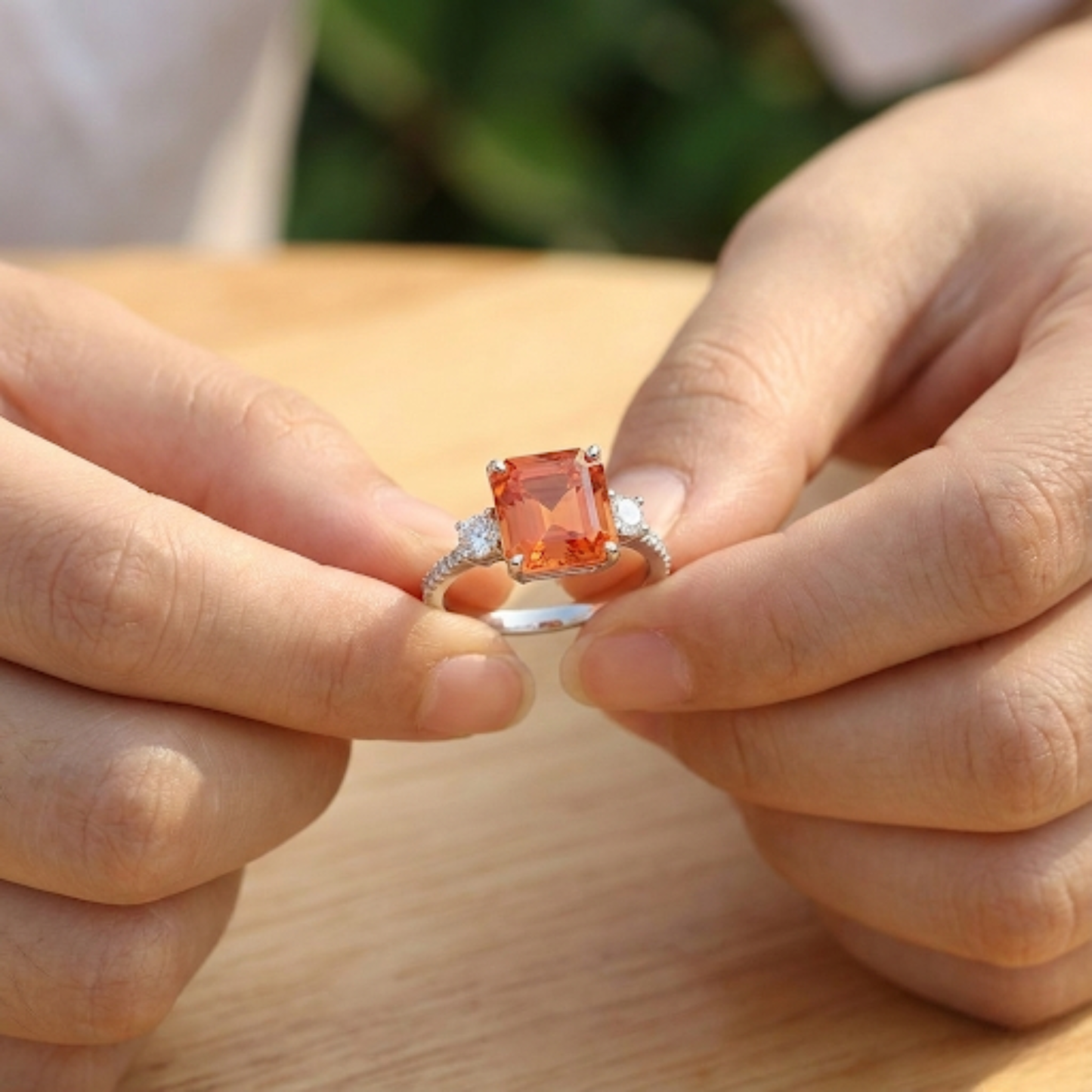 3.71 Ct Square Lab Created Peach Sapphire and Moissanite Prong Silver Three Stone Ring