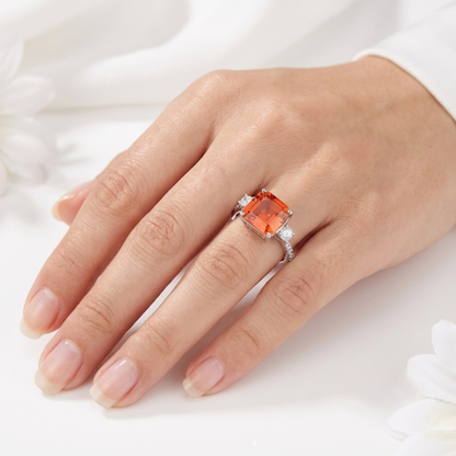 3.71 Ct Square Lab Created Peach Sapphire and Moissanite Prong Silver Three Stone Ring