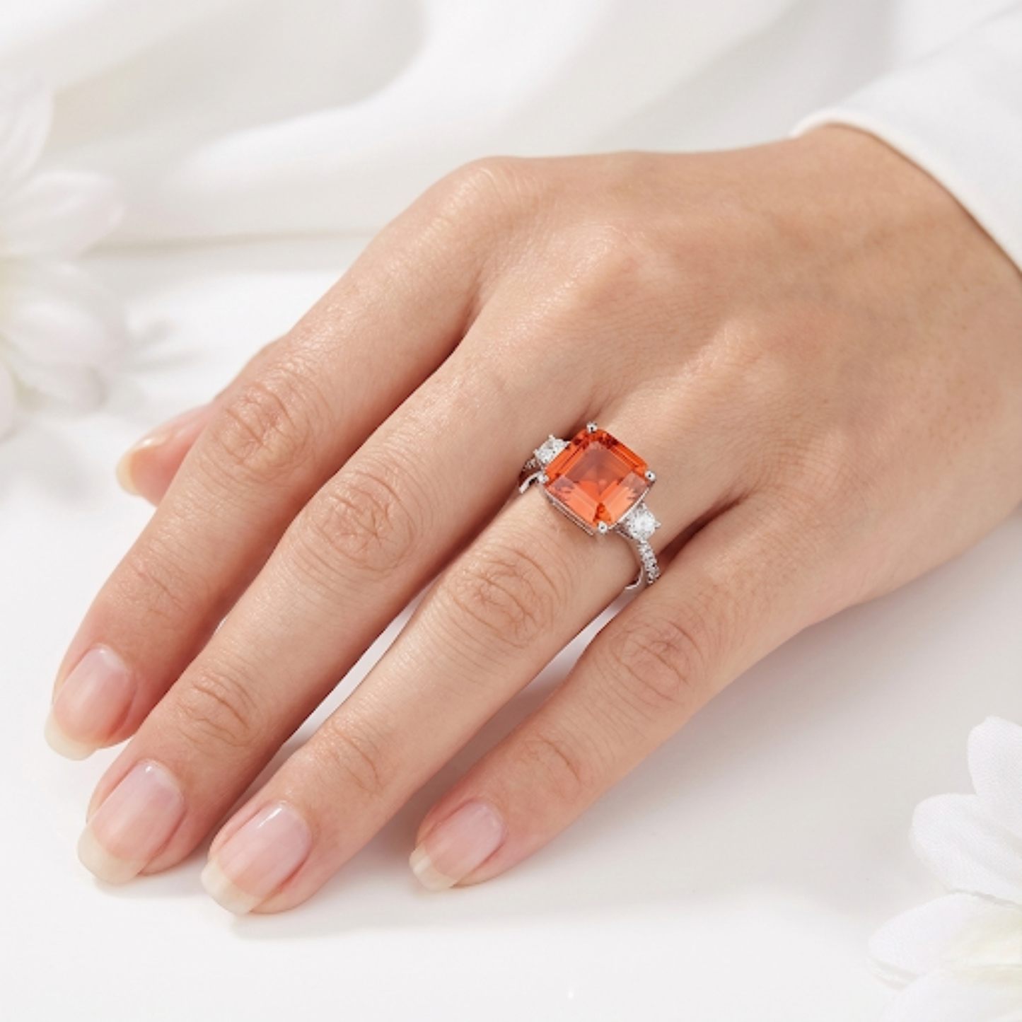 3.71 Ct Square Lab Created Peach Sapphire and Moissanite Prong Silver Three Stone Ring