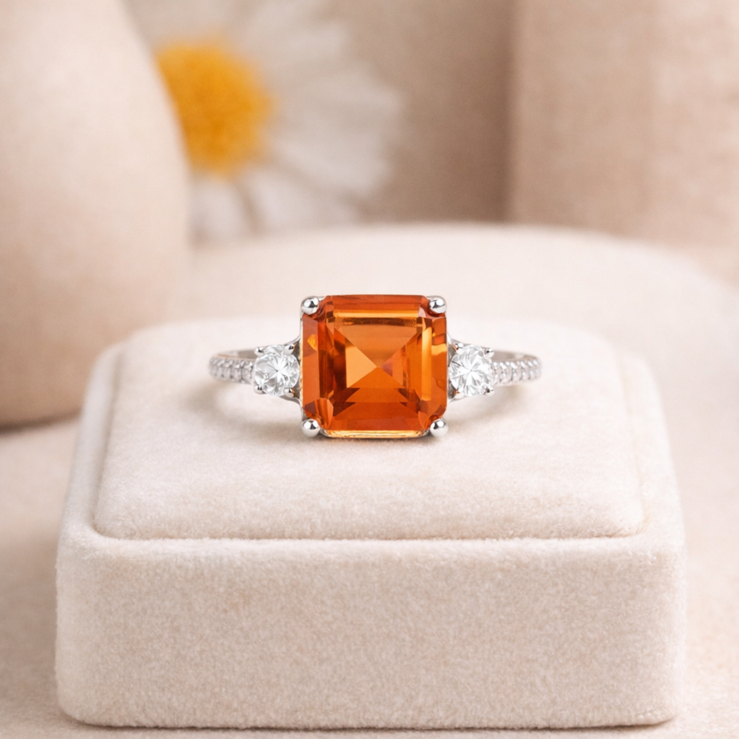 3.71 Ct Square Lab Created Peach Sapphire and Moissanite Prong Silver Three Stone Ring