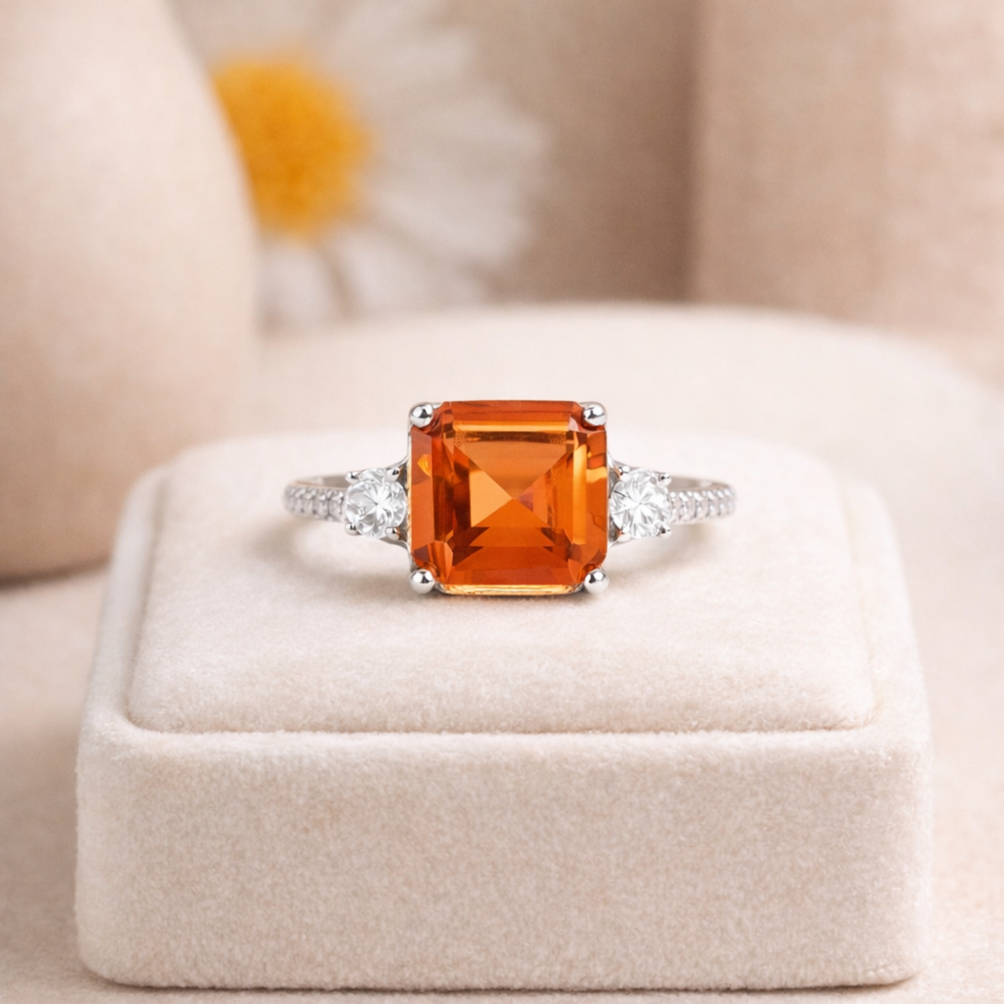 3.71 Ct Square Lab Created Peach Sapphire and Moissanite Prong Silver Three Stone Ring