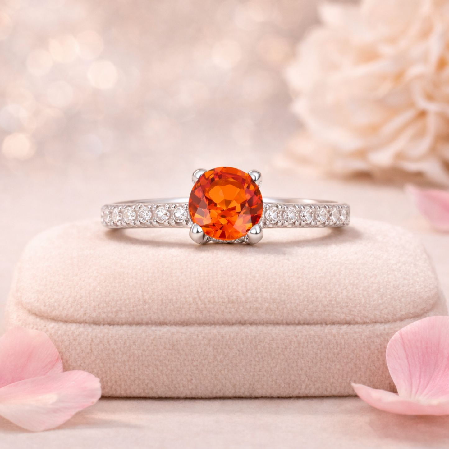1.58 Ct Round Lab Created Peach Sapphire and Moissanite Prong Silver Pave-set Ring