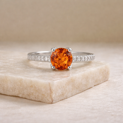 1.58 Ct Round Lab Created Peach Sapphire and Moissanite Prong Silver Pave-set Ring