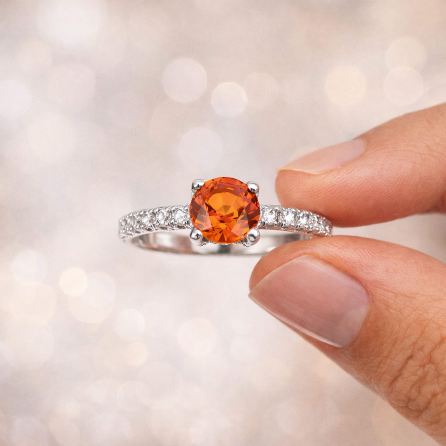 1.58 Ct Round Lab Created Peach Sapphire and Moissanite Prong Silver Pave-set Ring