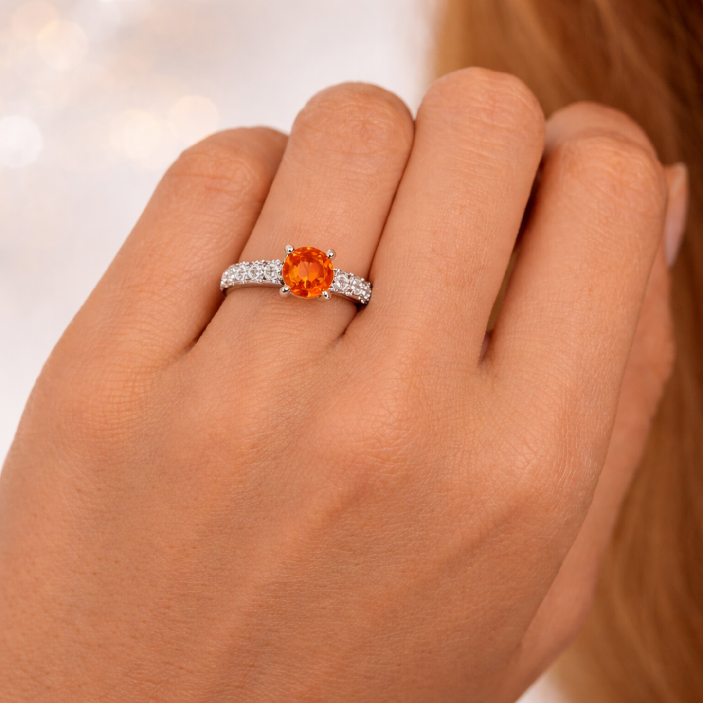 1.58 Ct Round Lab Created Peach Sapphire and Moissanite Prong Silver Pave-set Ring