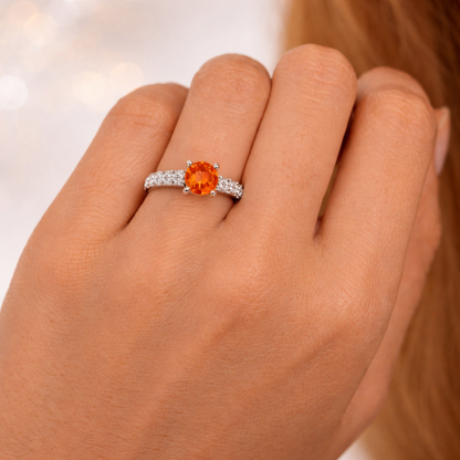 1.58 Ct Round Lab Created Peach Sapphire and Moissanite Prong Silver Pave-set Ring