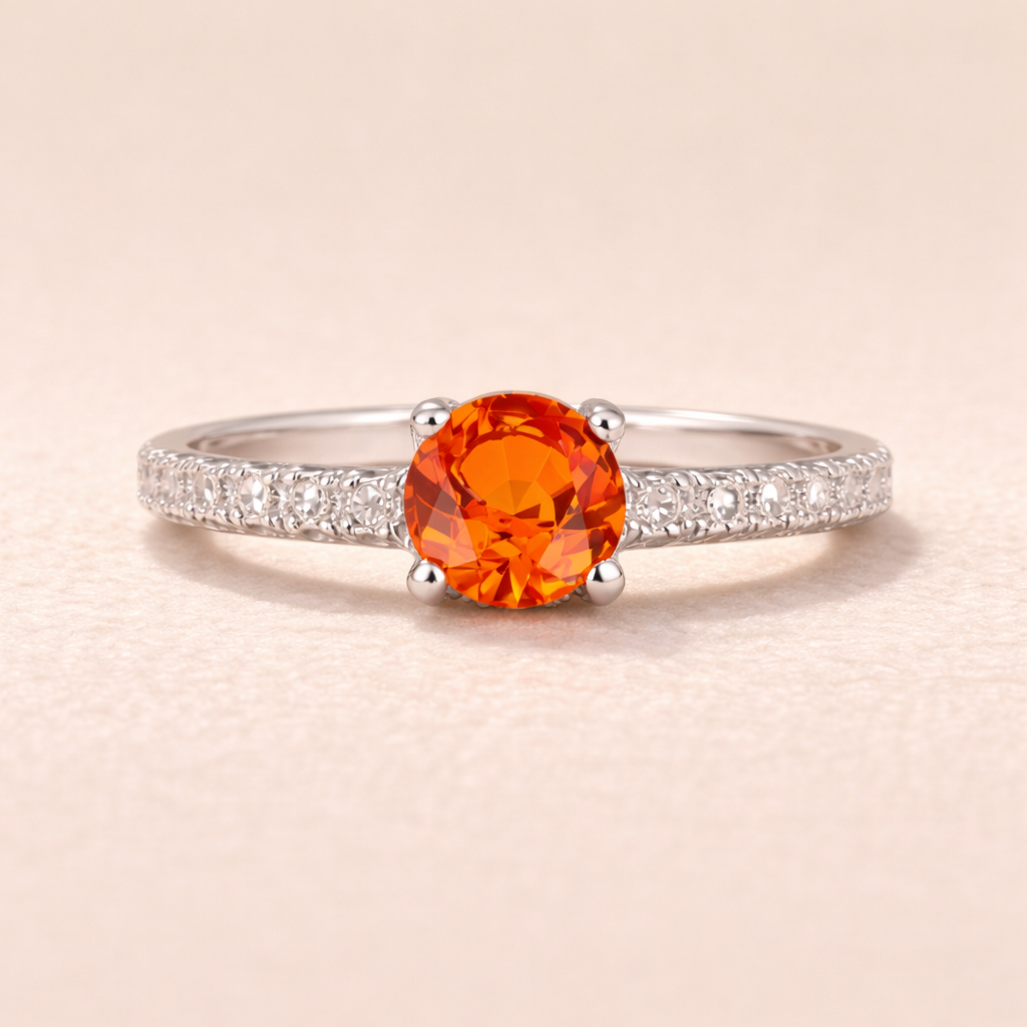 1.58 Ct Round Lab Created Peach Sapphire and Moissanite Prong Silver Pave-set Ring