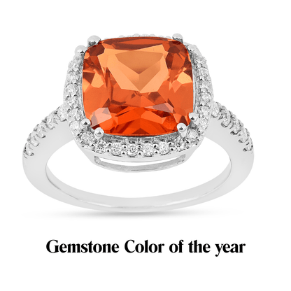 3.82 Ct Cushion Lab Created Peach Sapphire and Moissanite Prong Silver Halo Statement Ring
