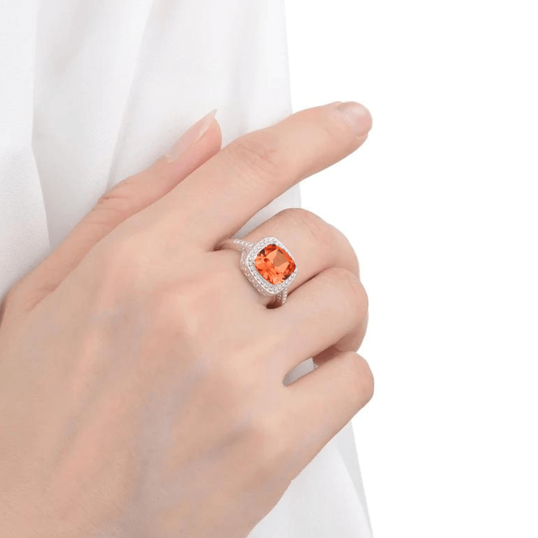 2.39 Ct Cushion Lab Created Peach Sapphire Prong Silver Halo Statement Ring