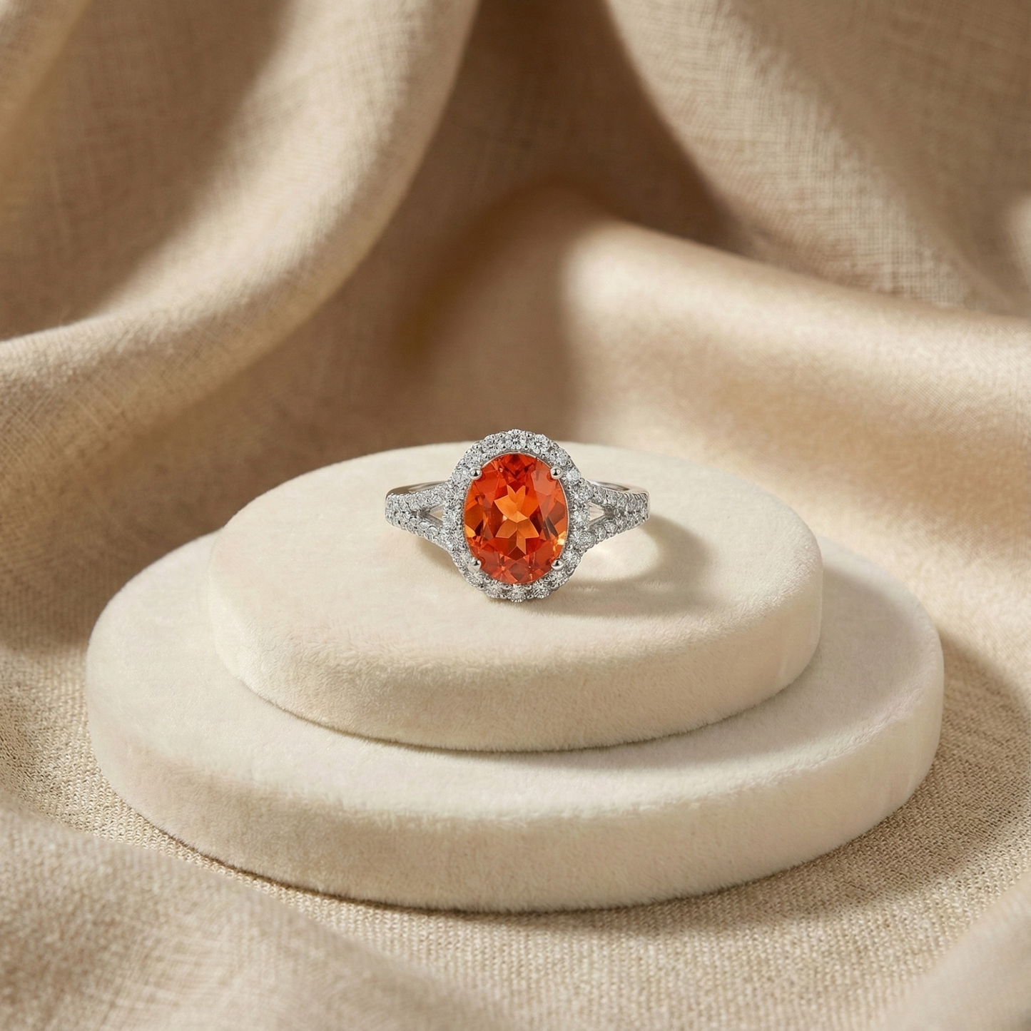 4.11 Ct Oval Lab Created Peach Sapphire and Moissanite Prong Silver Halo Statement Ring