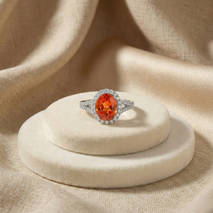 4.11 Ct Oval Lab Created Peach Sapphire and Moissanite Prong Silver Halo Statement Ring