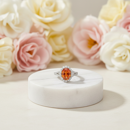 4.11 Ct Oval Lab Created Peach Sapphire and Moissanite Prong Silver Halo Statement Ring