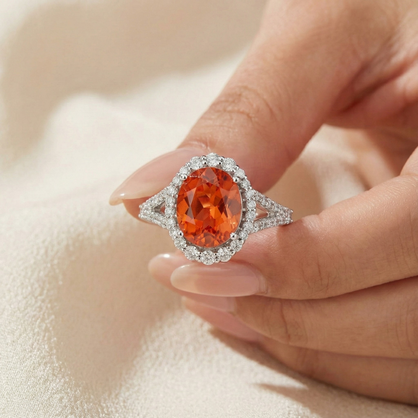4.11 Ct Oval Lab Created Peach Sapphire and Moissanite Prong Silver Halo Statement Ring