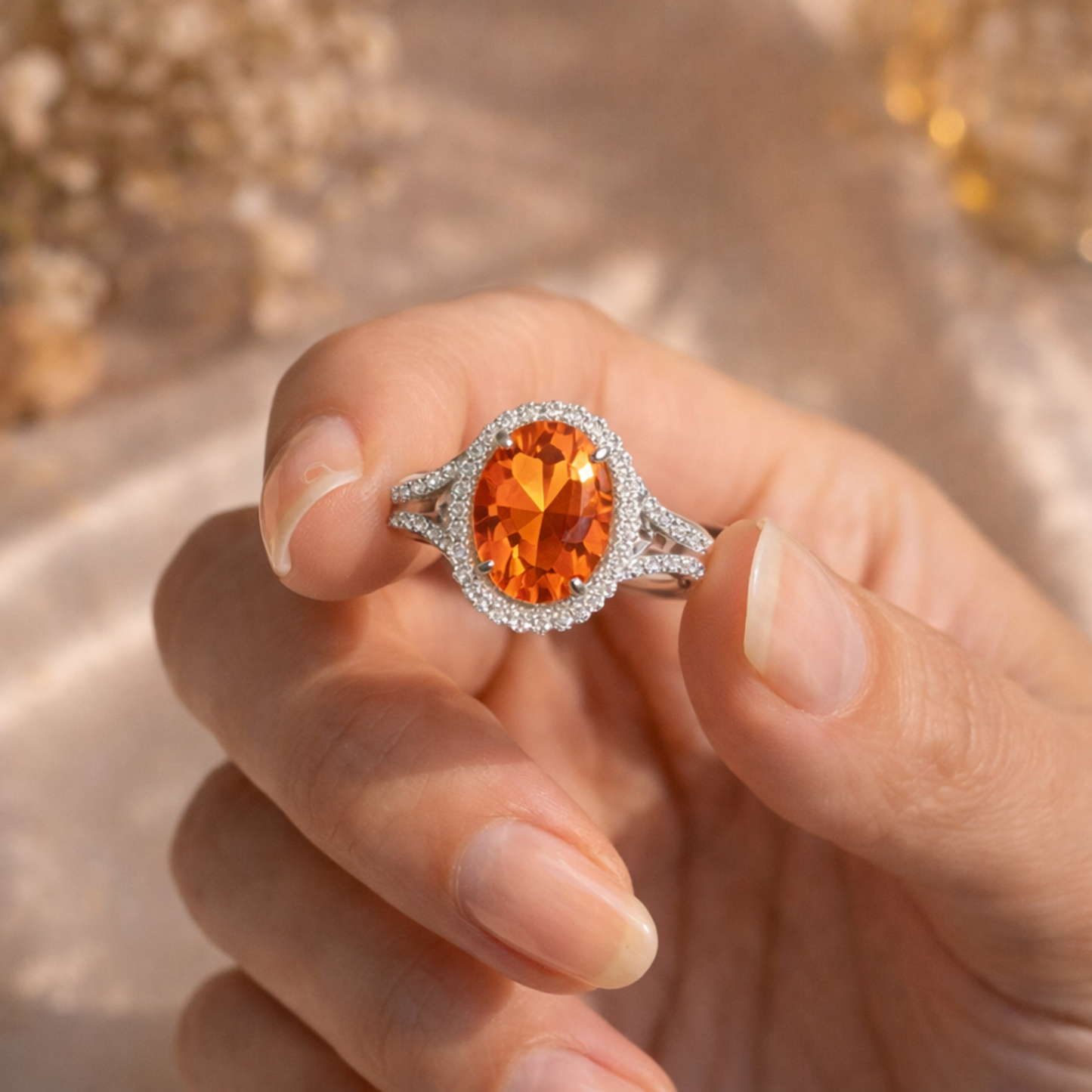 4.11 Ct Oval Lab Created Peach Sapphire and Moissanite Prong Silver Halo Statement Ring