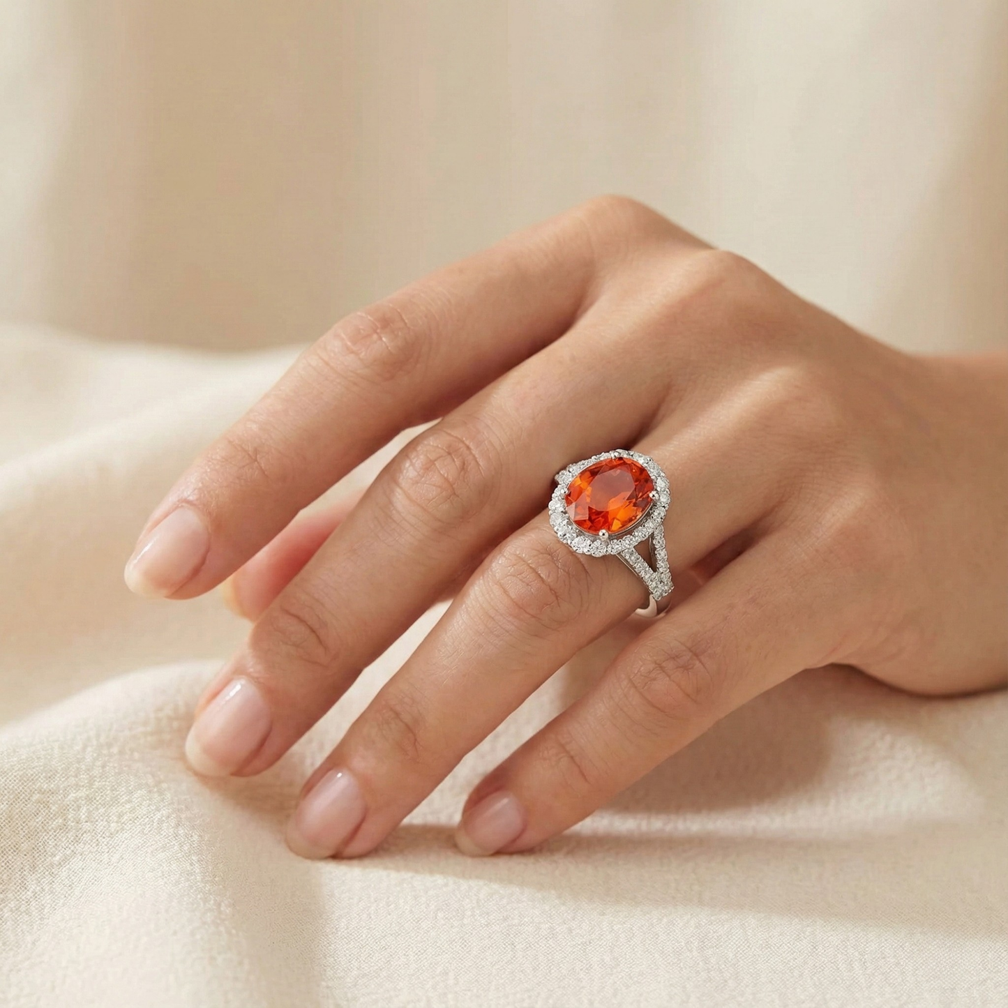 4.11 Ct Oval Lab Created Peach Sapphire and Moissanite Prong Silver Halo Statement Ring