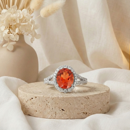 4.11 Ct Oval Lab Created Peach Sapphire and Moissanite Prong Silver Halo Statement Ring