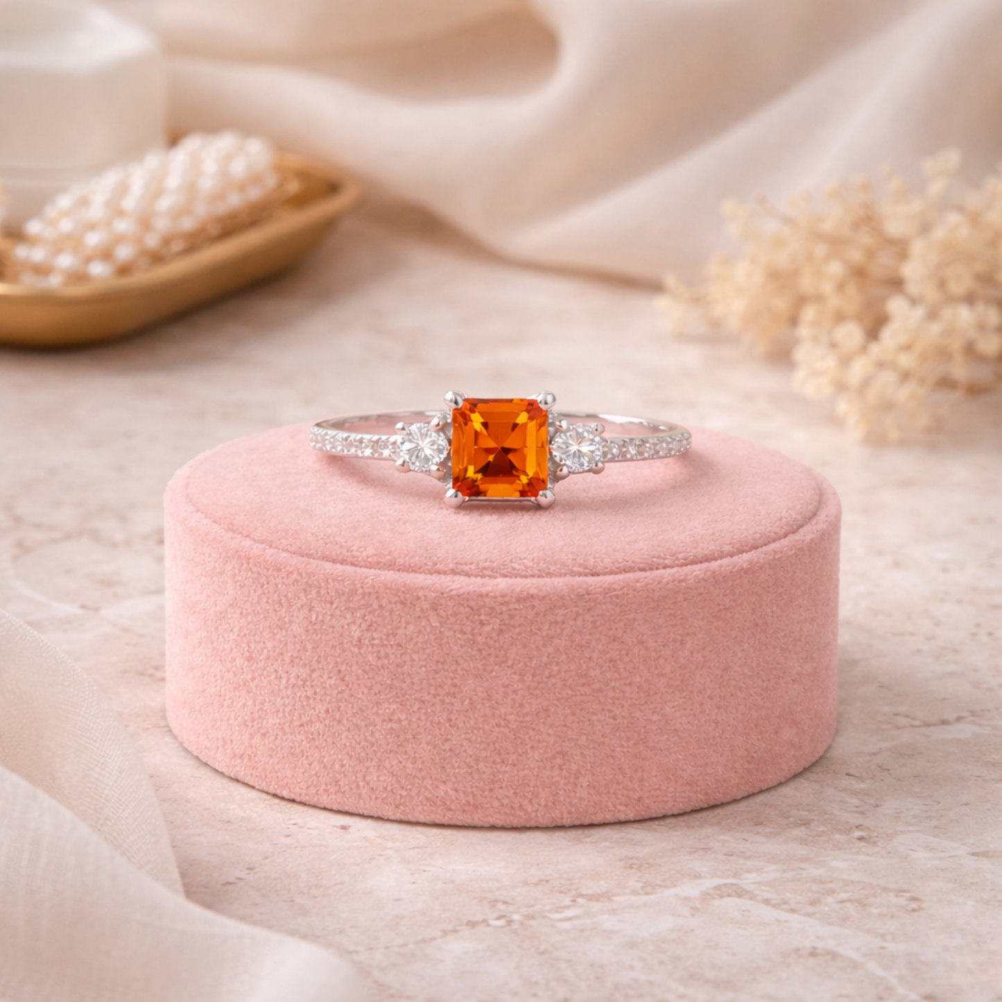 1.83 Ct Square Lab Created Peach Sapphire and Moissanite Prong Silver Three Stones Ring