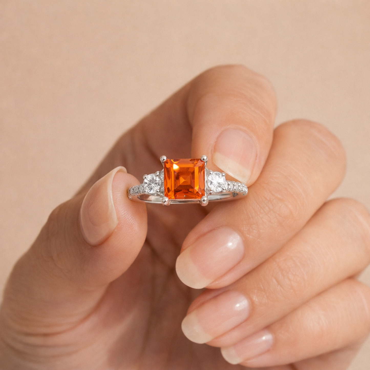 1.83 Ct Square Lab Created Peach Sapphire and Moissanite Prong Silver Three Stones Ring