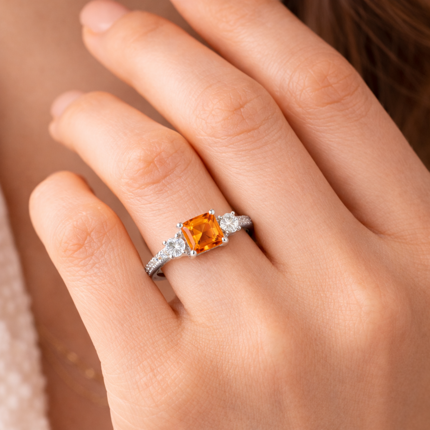1.83 Ct Square Lab Created Peach Sapphire and Moissanite Prong Silver Three Stones Ring