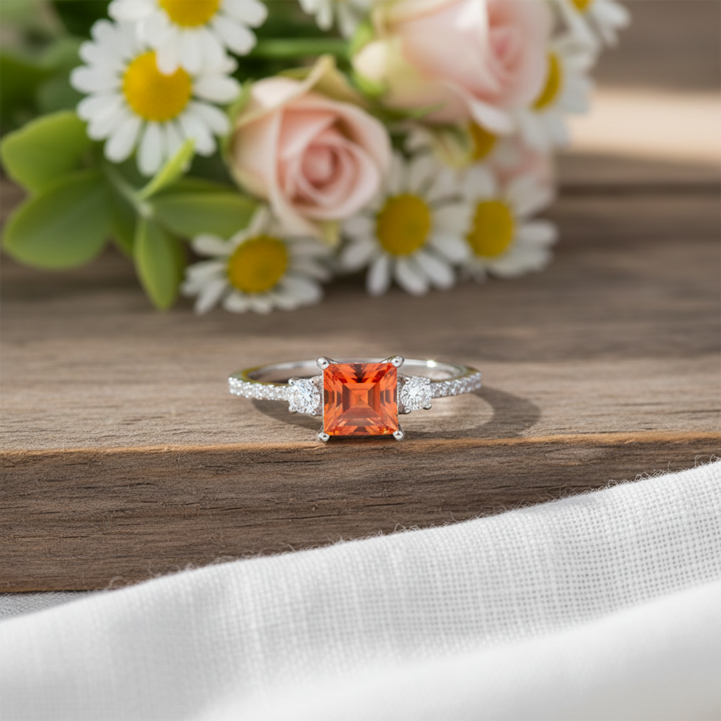 1.83 Ct Square Lab Created Peach Sapphire and Moissanite Prong Silver Three Stones Ring