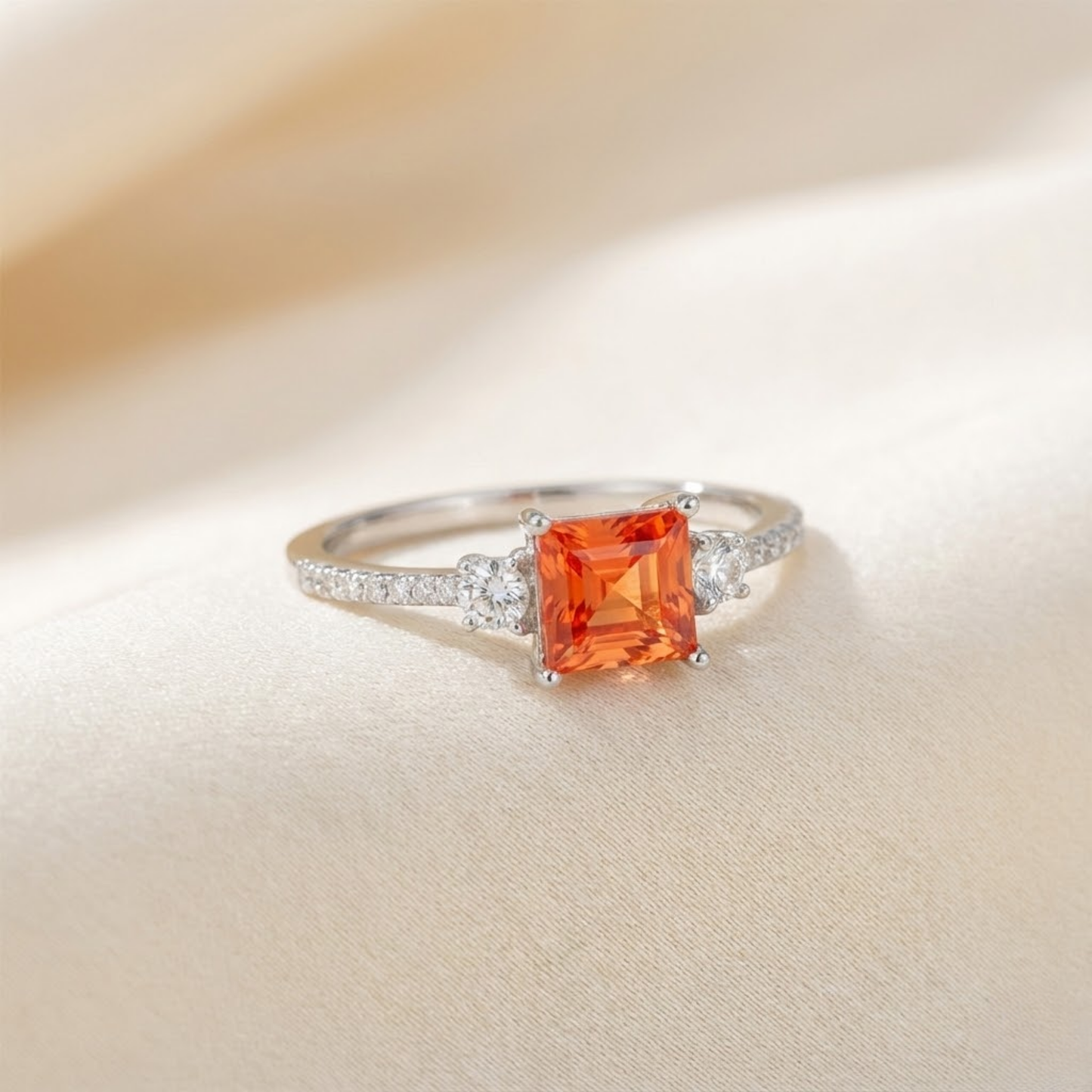 1.83 Ct Square Lab Created Peach Sapphire and Moissanite Prong Silver Three Stones Ring