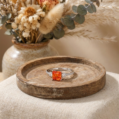 1.83 Ct Square Lab Created Peach Sapphire and Moissanite Prong Silver Three Stones Ring