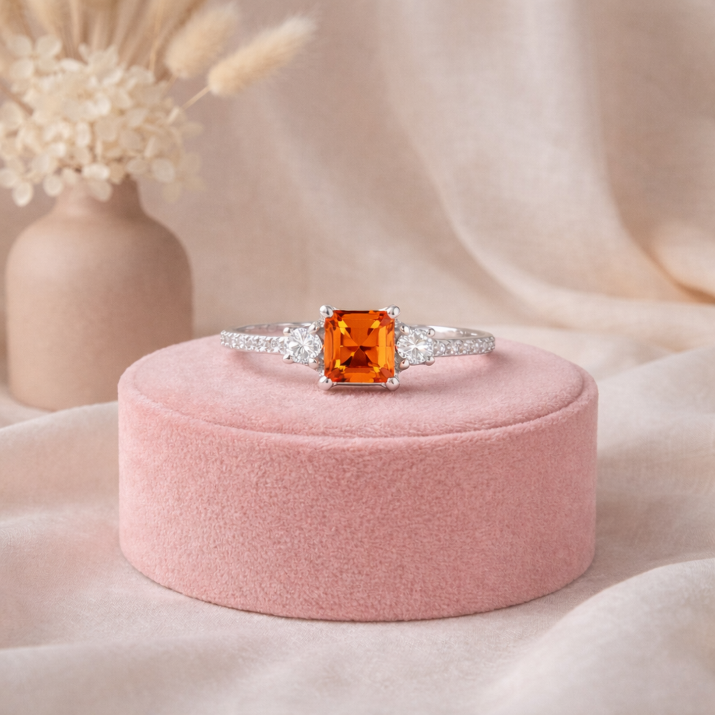 1.83 Ct Square Lab Created Peach Sapphire and Moissanite Prong Silver Three Stones Ring