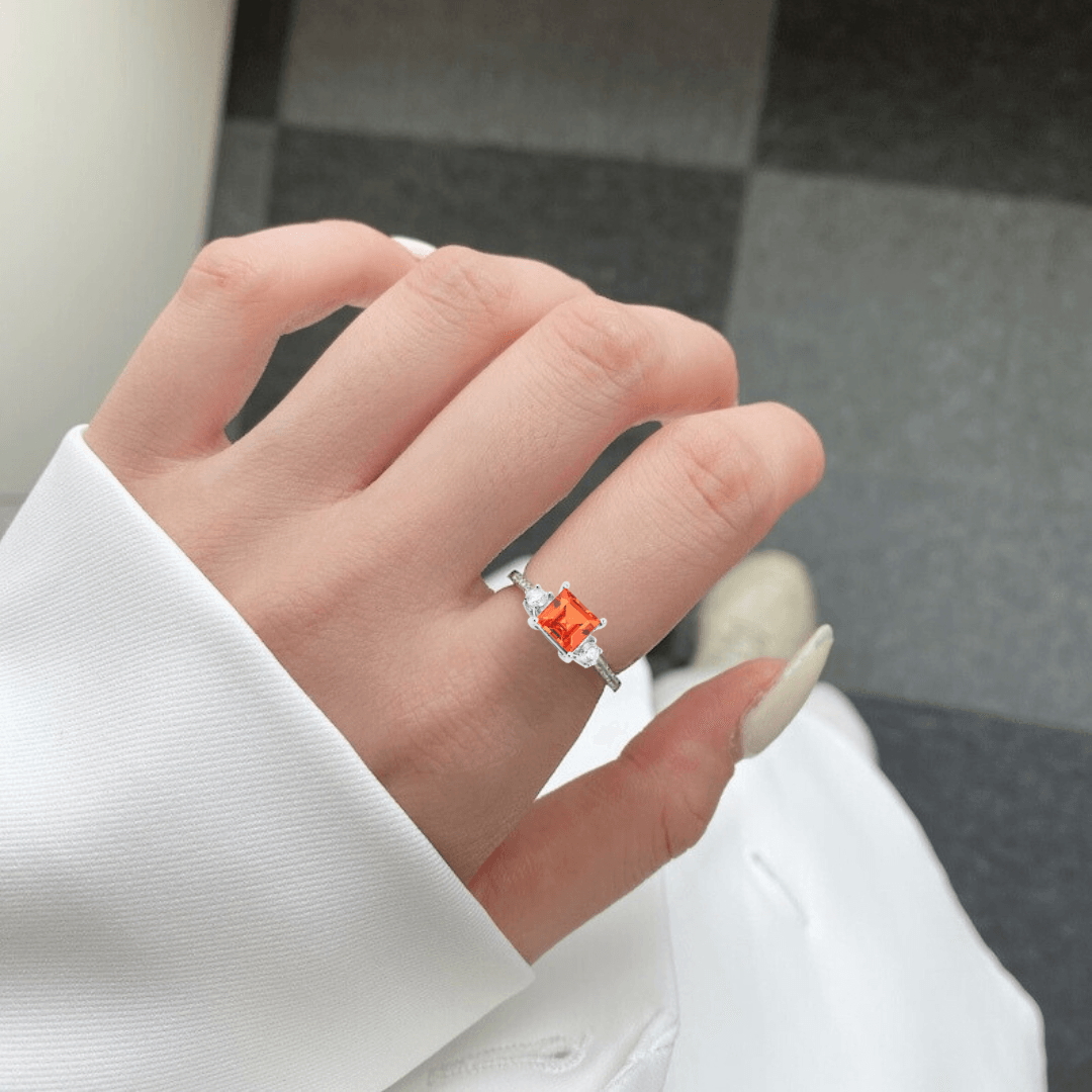 1.83 Ct Square Lab Created Peach Sapphire and Moissanite Prong Silver Three Stones Ring