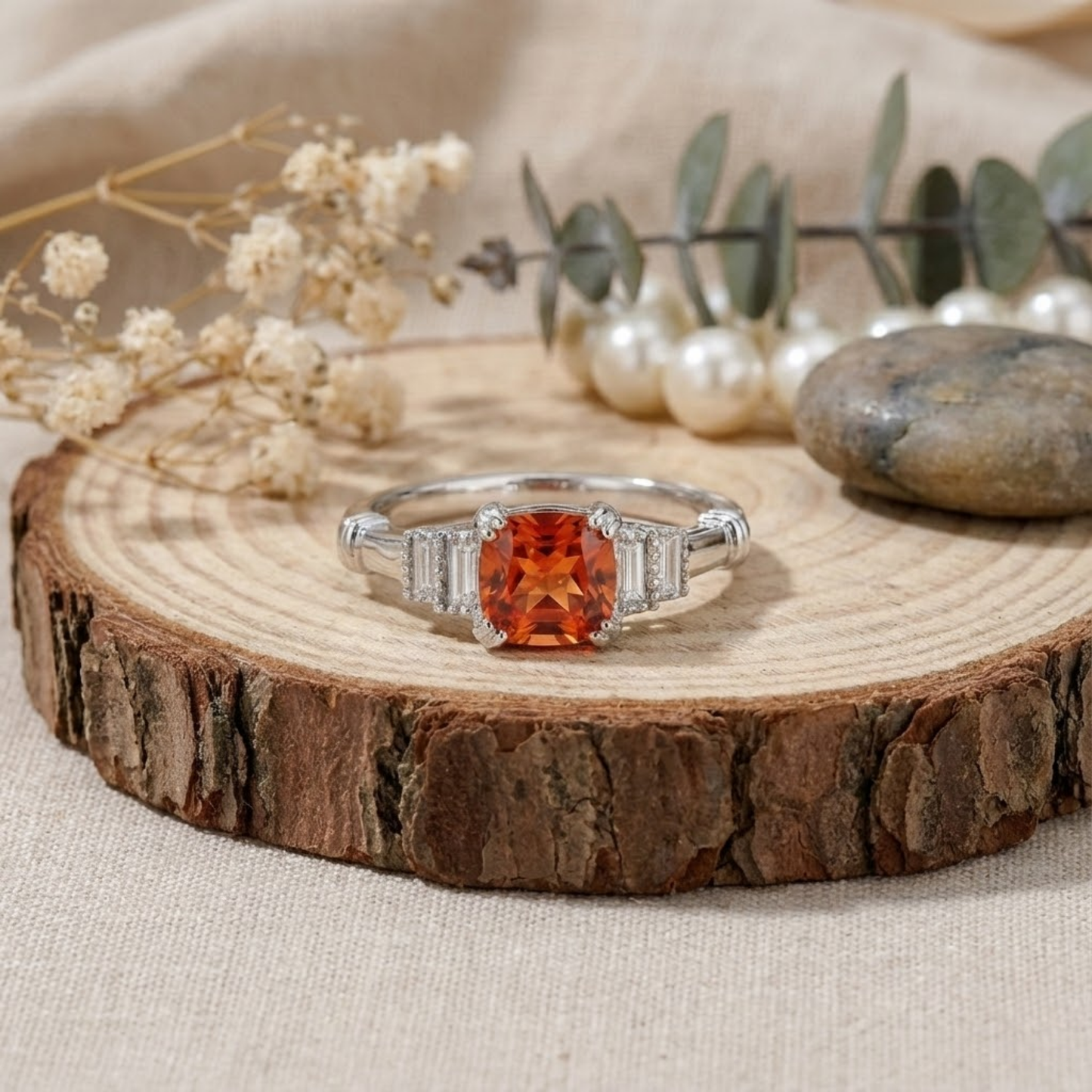 1.14 Ct Cushion Lab Created Peach Sapphire and Moissanite Prong Silver Five Stone Ring