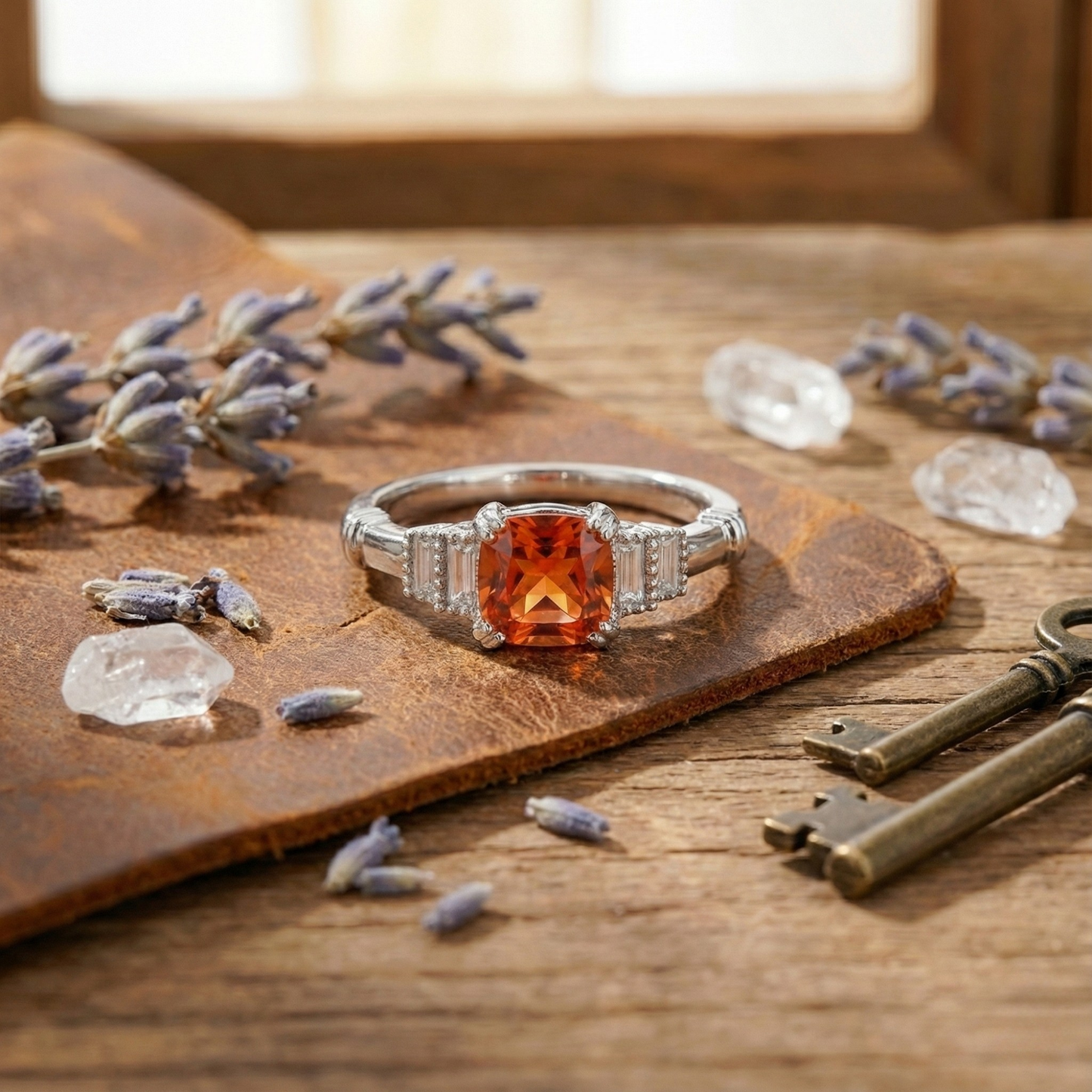 1.14 Ct Cushion Lab Created Peach Sapphire and Moissanite Prong Silver Five Stone Ring