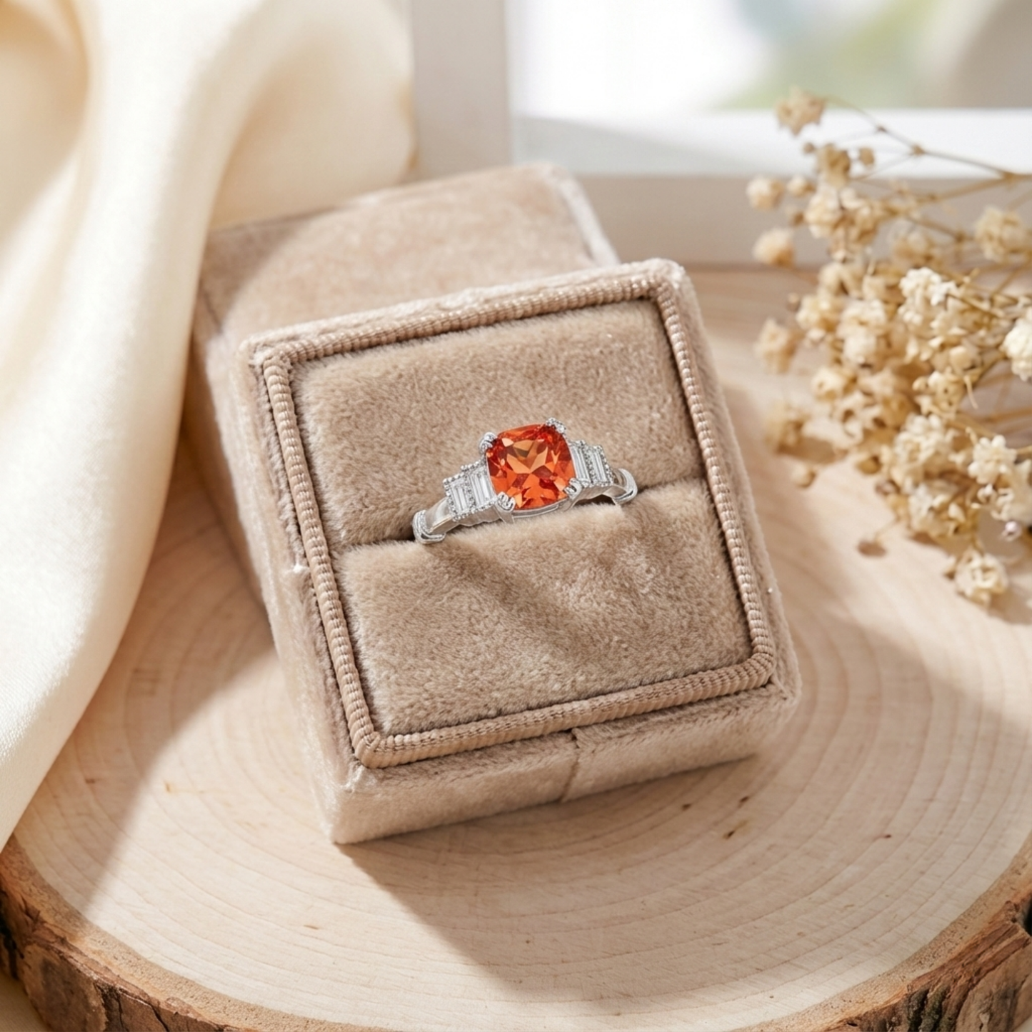 1.14 Ct Cushion Lab Created Peach Sapphire and Moissanite Prong Silver Five Stone Ring