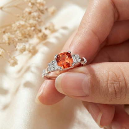 1.14 Ct Cushion Lab Created Peach Sapphire and Moissanite Prong Silver Five Stone Ring
