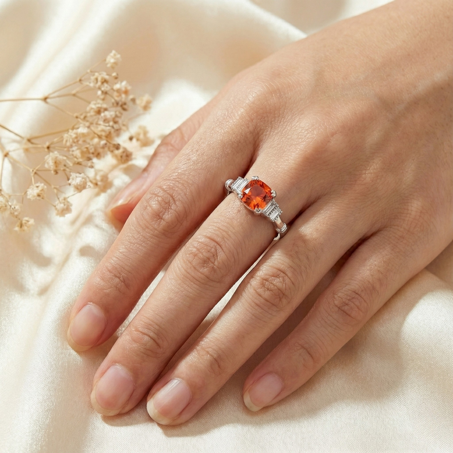 1.14 Ct Cushion Lab Created Peach Sapphire and Moissanite Prong Silver Five Stone Ring