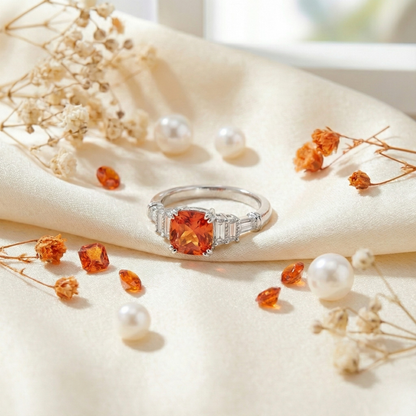 1.14 Ct Cushion Lab Created Peach Sapphire and Moissanite Prong Silver Five Stone Ring