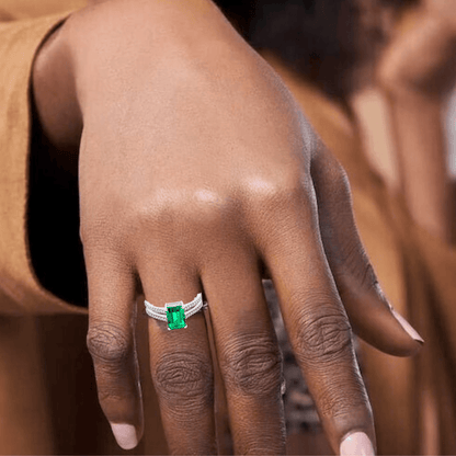 1.92 Ct Octagon Green Colombian Lab Created Emerald and Moissanite Prong Silver Double Band Ring