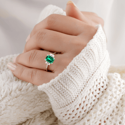 2.04 Ct Octagon Green Colombian Lab Created Emerald and Moissanite Prong Silver Three Stone Statement Ring