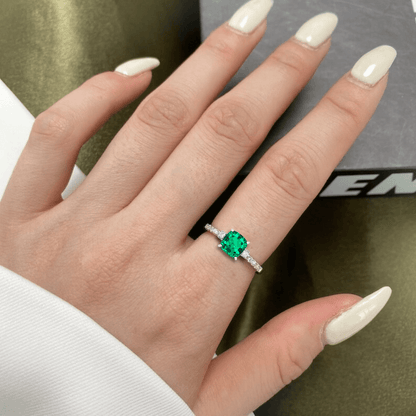3.70 Ct Octagon Green Colombian Lab Created Emerald and Moissanite Prong Silver Three Stone Statement Ring