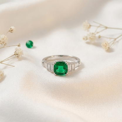 1.14 Ct Cushion Green Colombian Lab Created Emerald and Moissanite Prong Silver Five Stone Ring