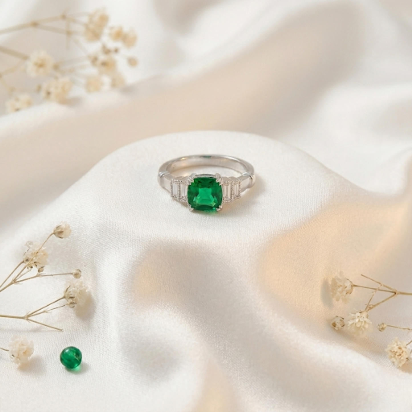 1.14 Ct Cushion Green Colombian Lab Created Emerald and Moissanite Prong Silver Five Stone Ring