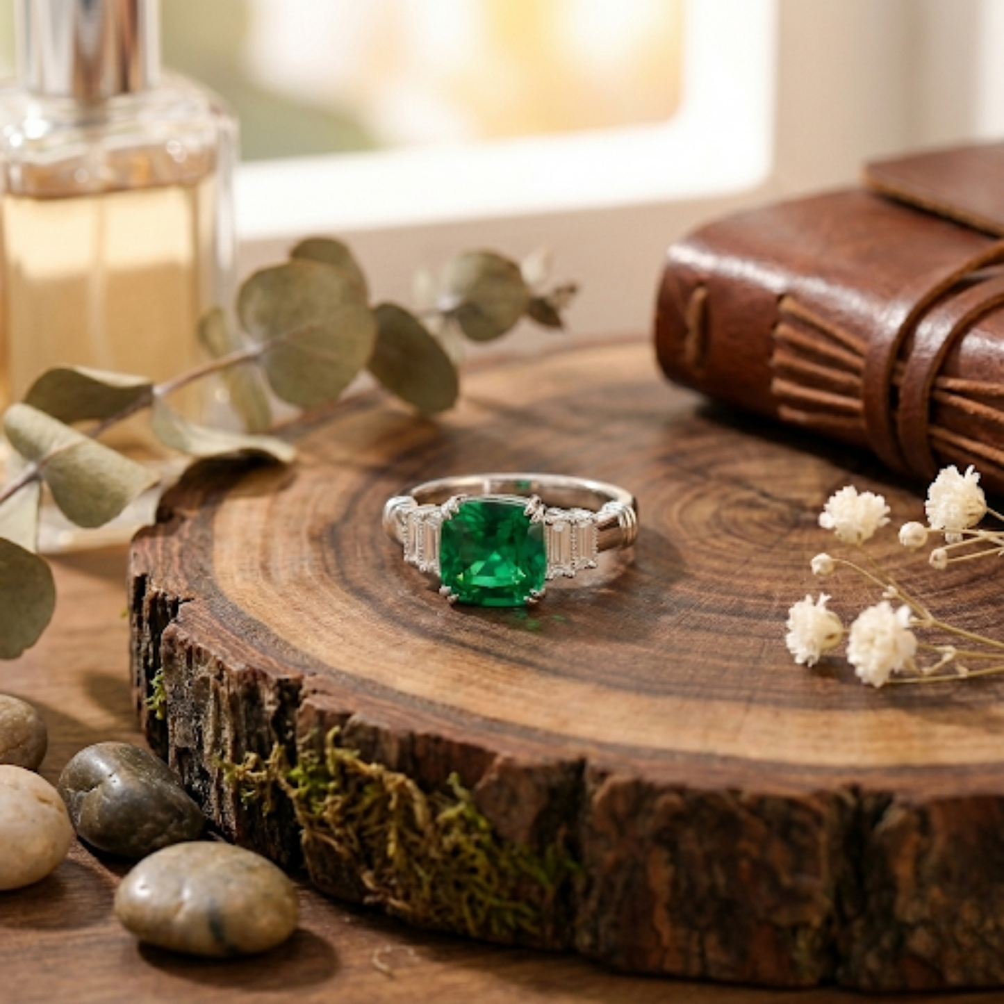 1.14 Ct Cushion Green Colombian Lab Created Emerald and Moissanite Prong Silver Five Stone Ring