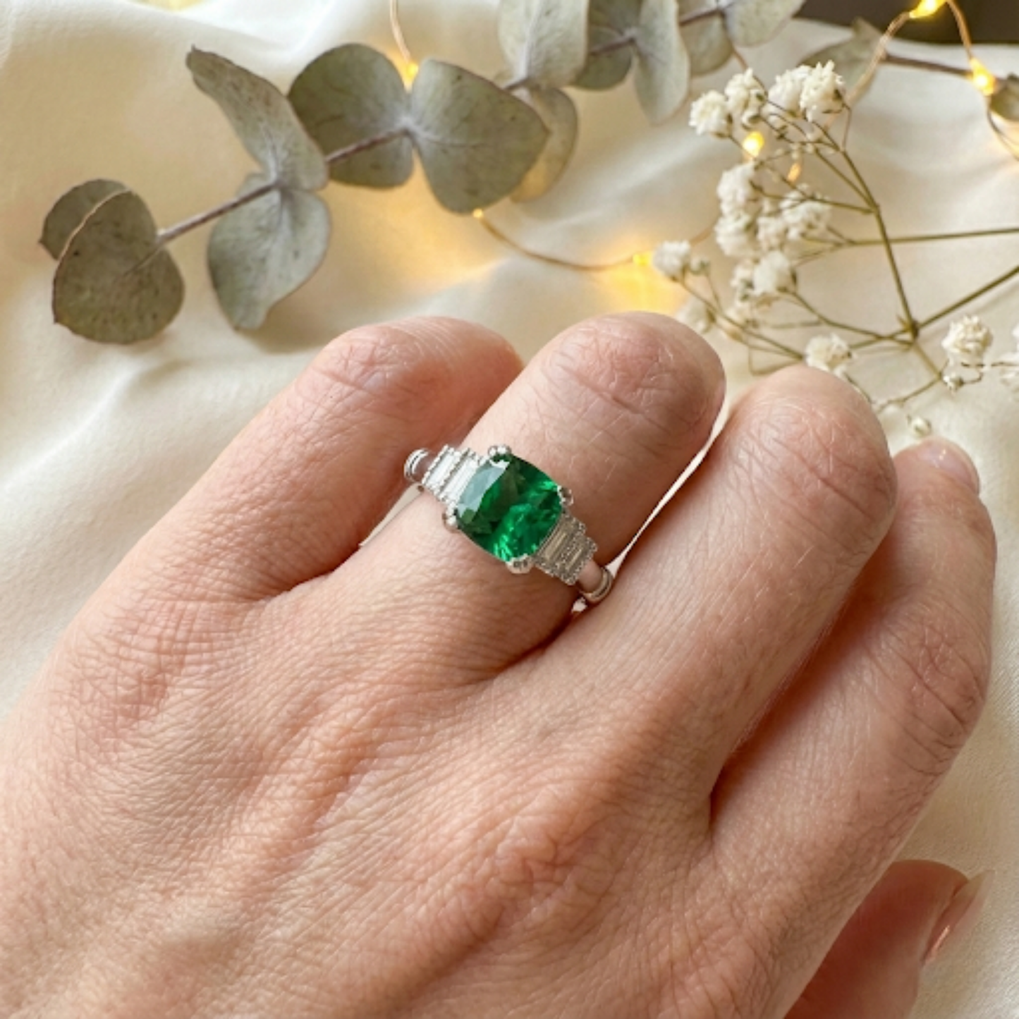 1.14 Ct Cushion Green Colombian Lab Created Emerald and Moissanite Prong Silver Five Stone Ring
