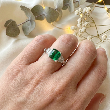 1.14 Ct Cushion Green Colombian Lab Created Emerald and Moissanite Prong Silver Five Stone Ring