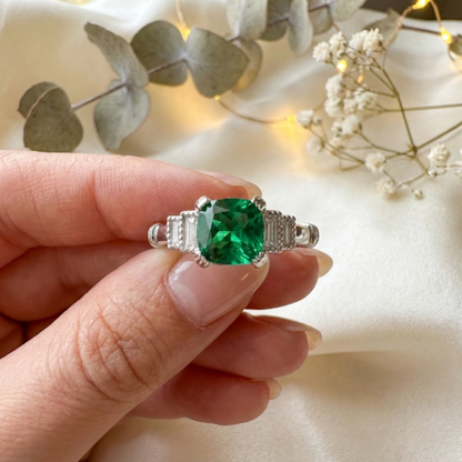 1.14 Ct Cushion Green Colombian Lab Created Emerald and Moissanite Prong Silver Five Stone Ring