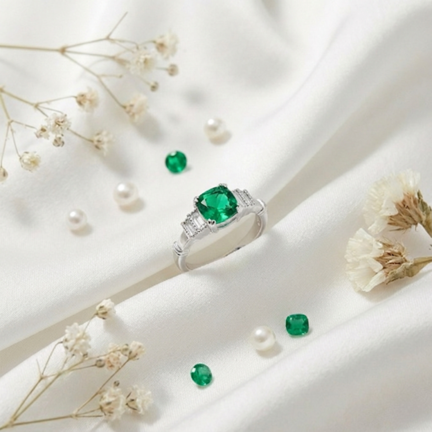 1.14 Ct Cushion Green Colombian Lab Created Emerald and Moissanite Prong Silver Five Stone Ring