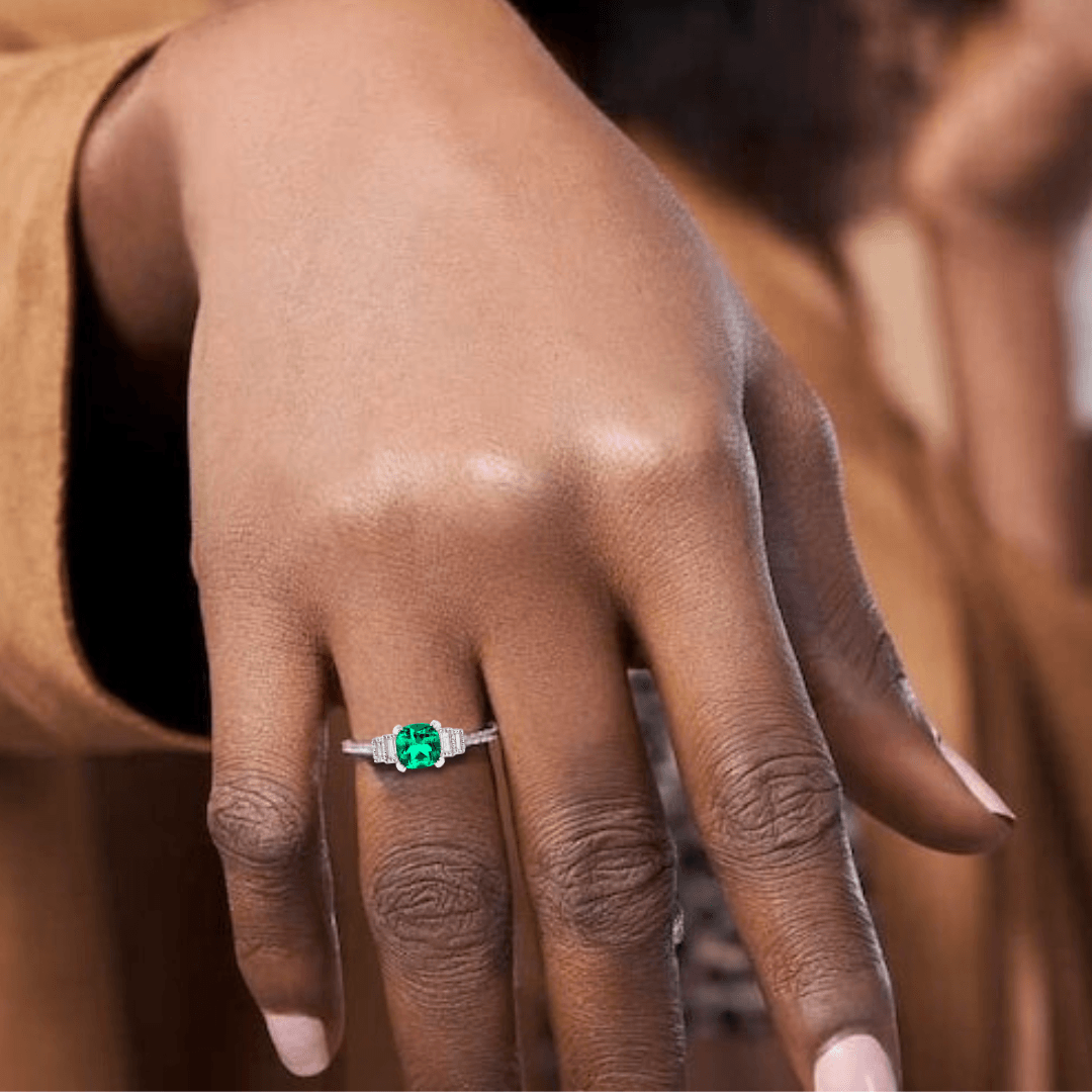 1.14 Ct Cushion Green Colombian Lab Created Emerald and Moissanite Prong Silver Five Stone Ring