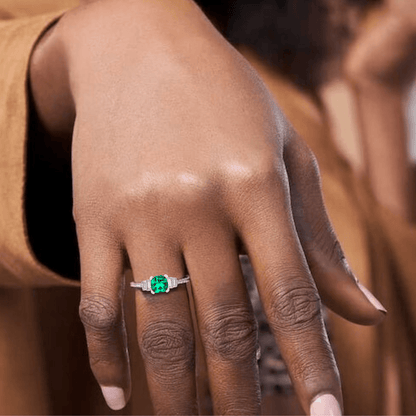 1.14 Ct Cushion Green Colombian Lab Created Emerald and Moissanite Prong Silver Five Stone Ring