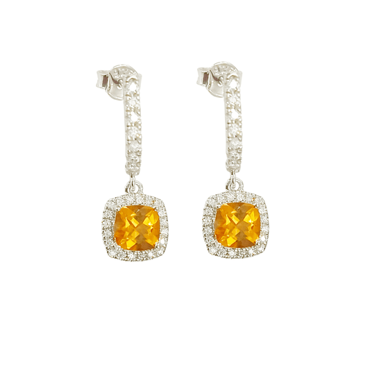 Natural Citrine Dangle Drop Halo Earrings