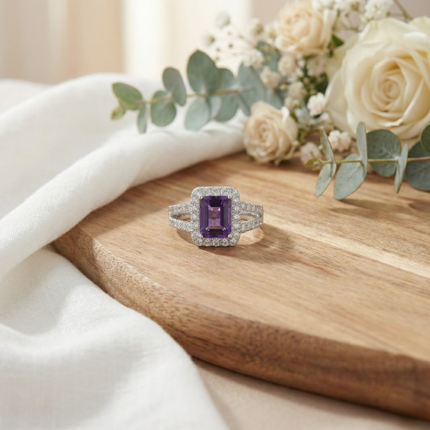 0.97 Ct Octagon Purple Amethyst and Moissanite Prong Silver Halo Statement Ring
