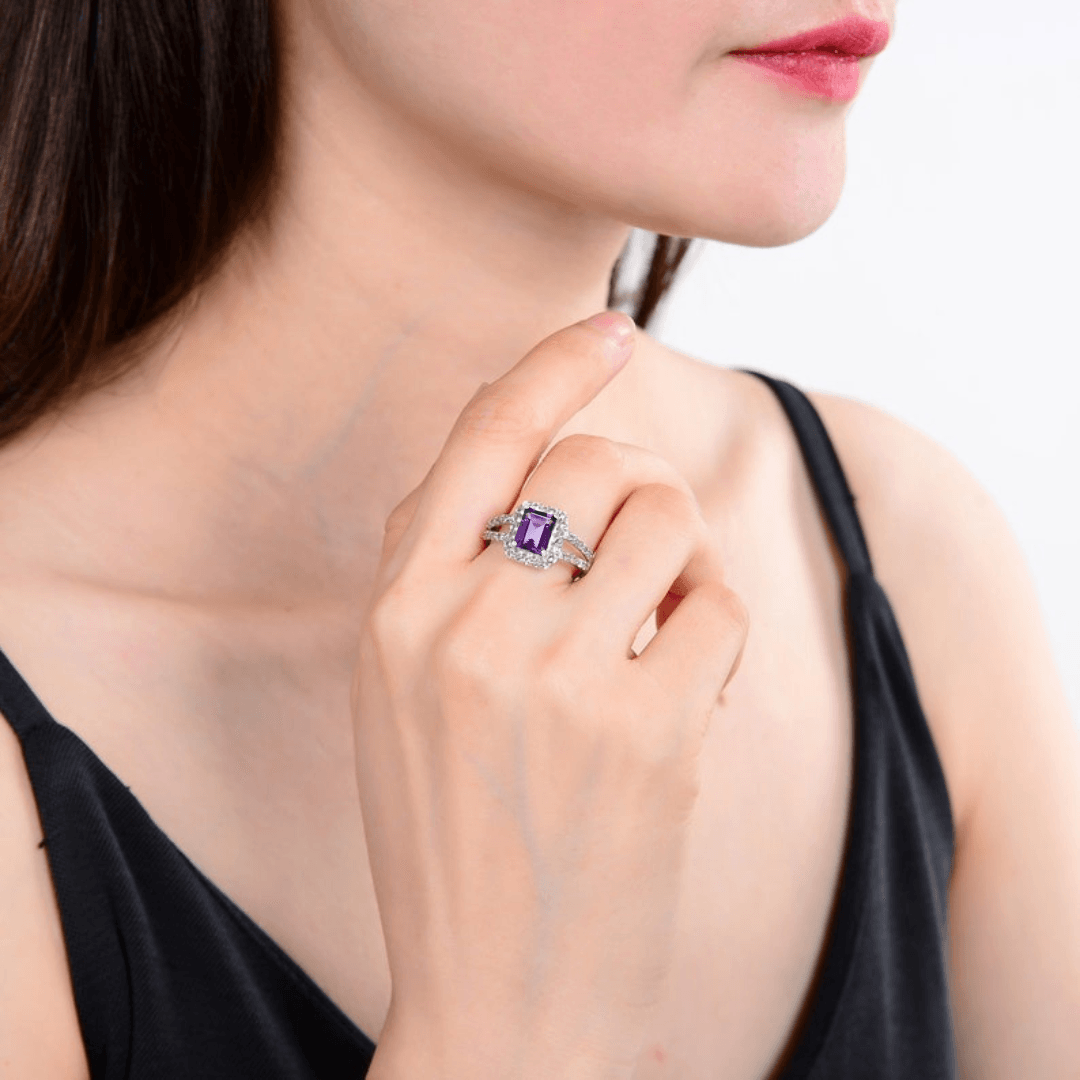 0.97 Ct Octagon Purple Amethyst and Moissanite Prong Silver Halo Statement Ring