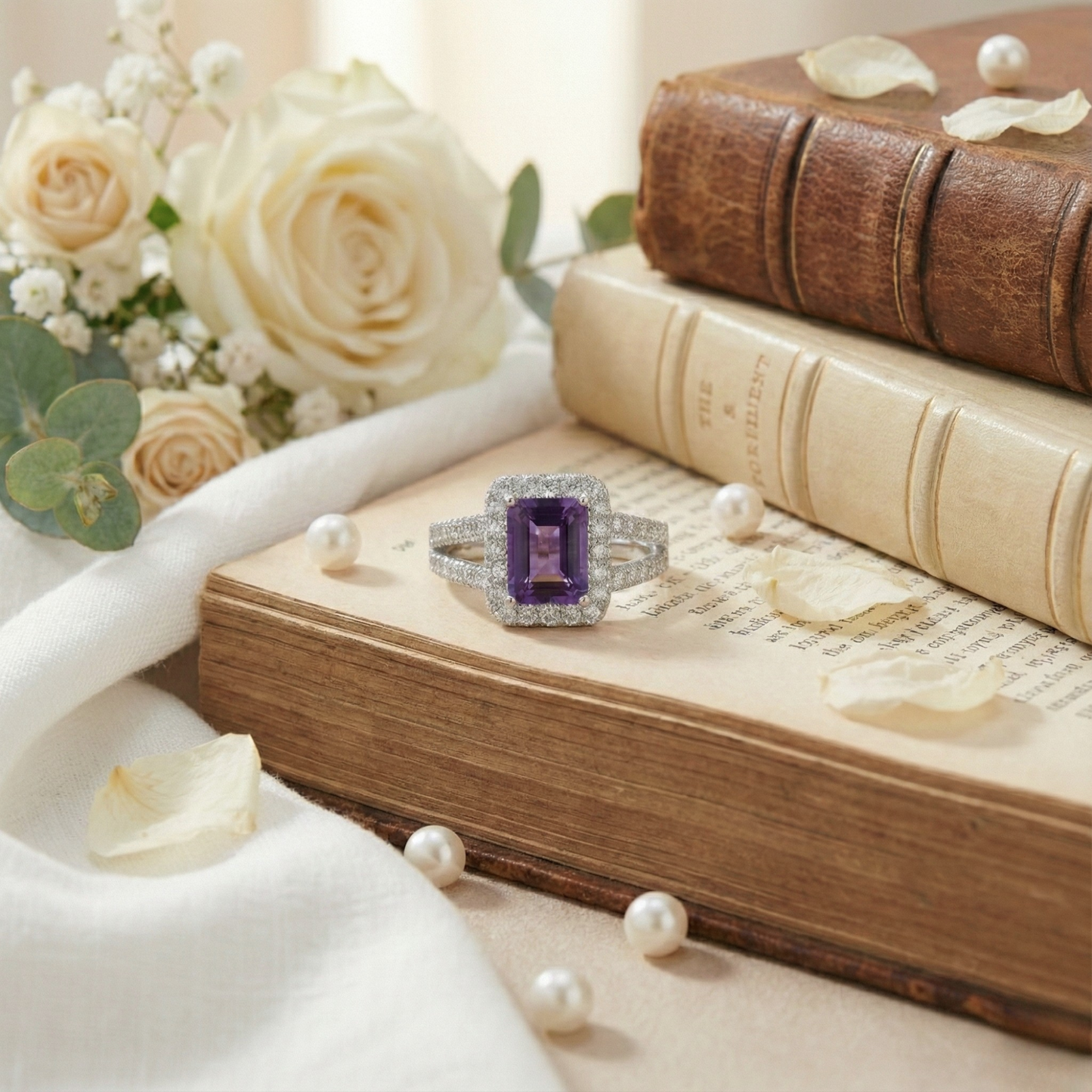 0.97 Ct Octagon Purple Amethyst and Moissanite Prong Silver Halo Statement Ring